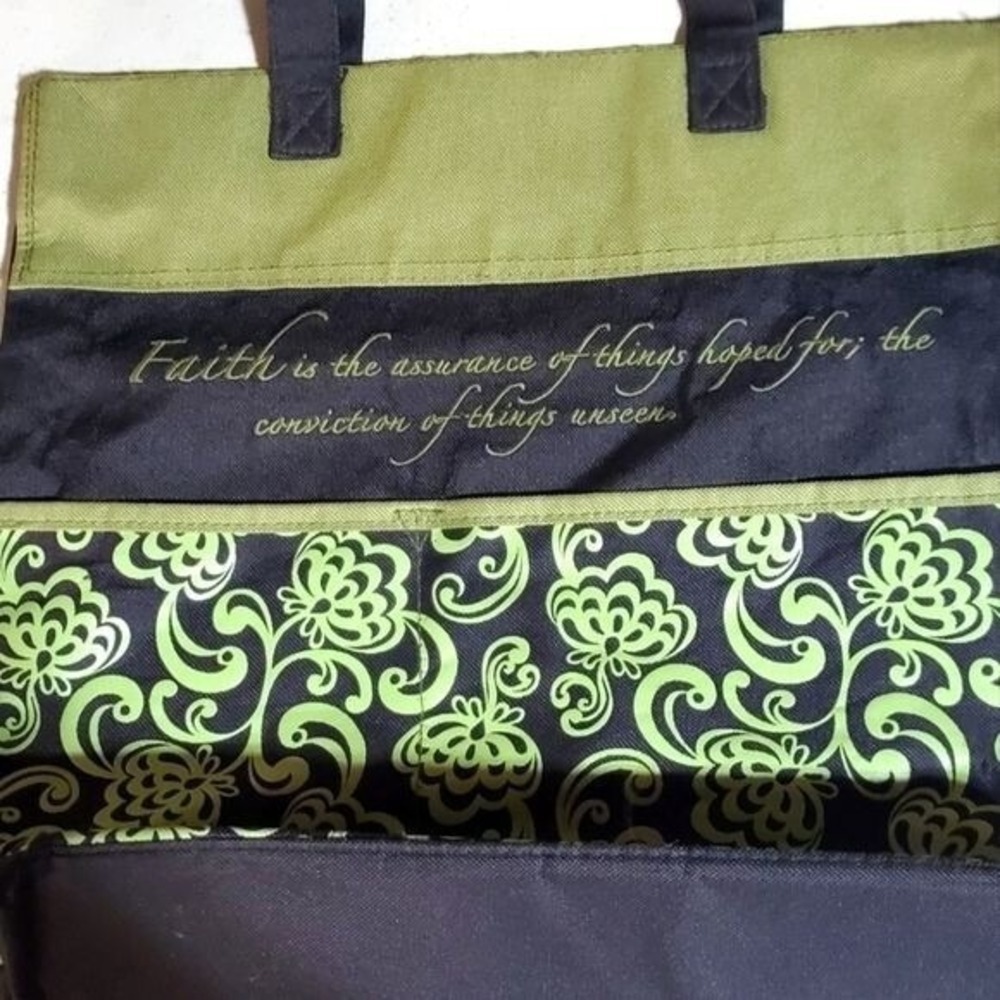 Inspirations Faith Scripture Nylon Tote Bag Black Olive Green Floral 112604